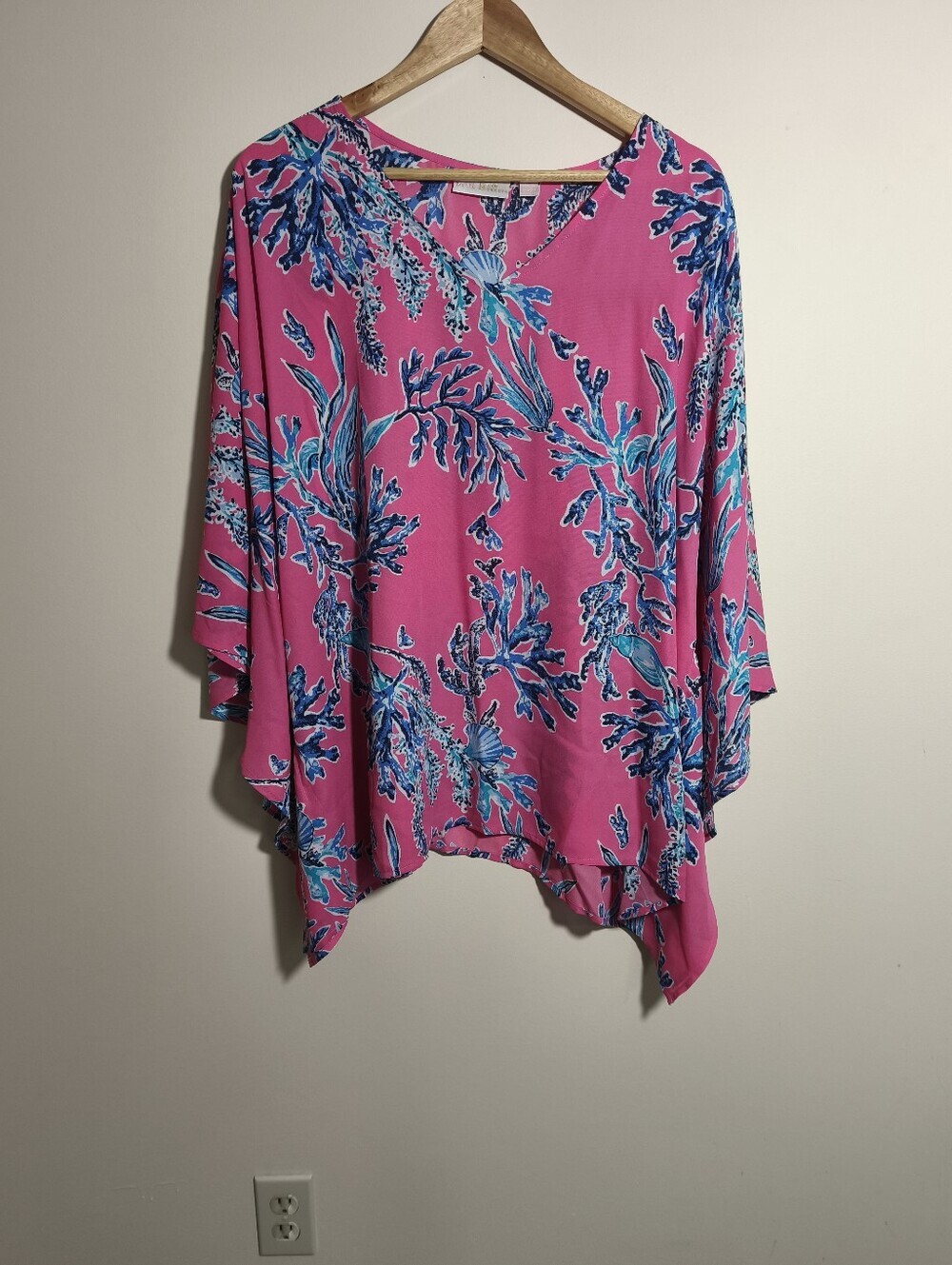 Belle Kim Gravel Coral Seashell Print Poncho Kimono Blouse sz 1X Pink Blue